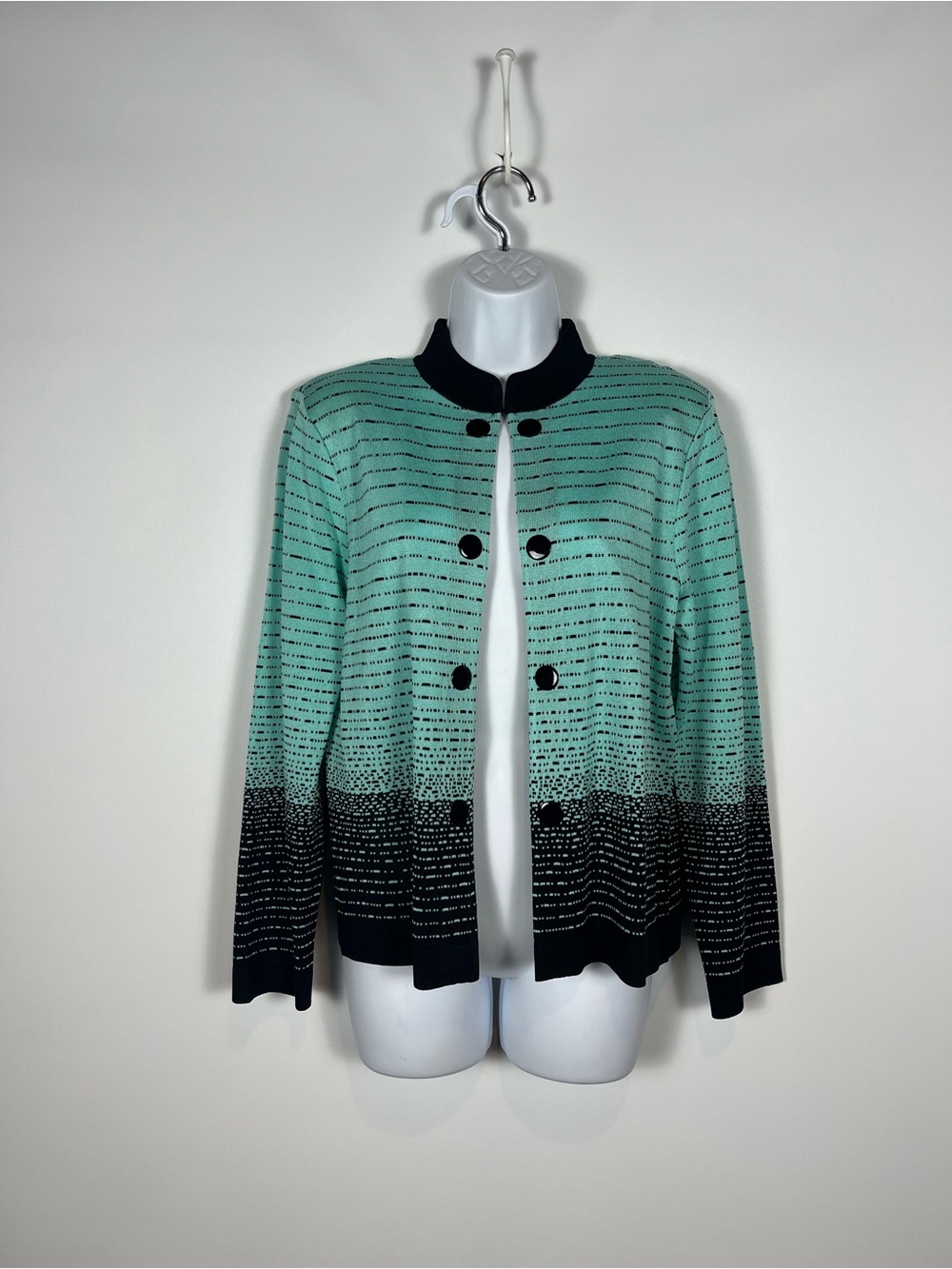 MING WANG Dash/Dotted Ombré Open Cardigan Sweater Mint/Black Size PM